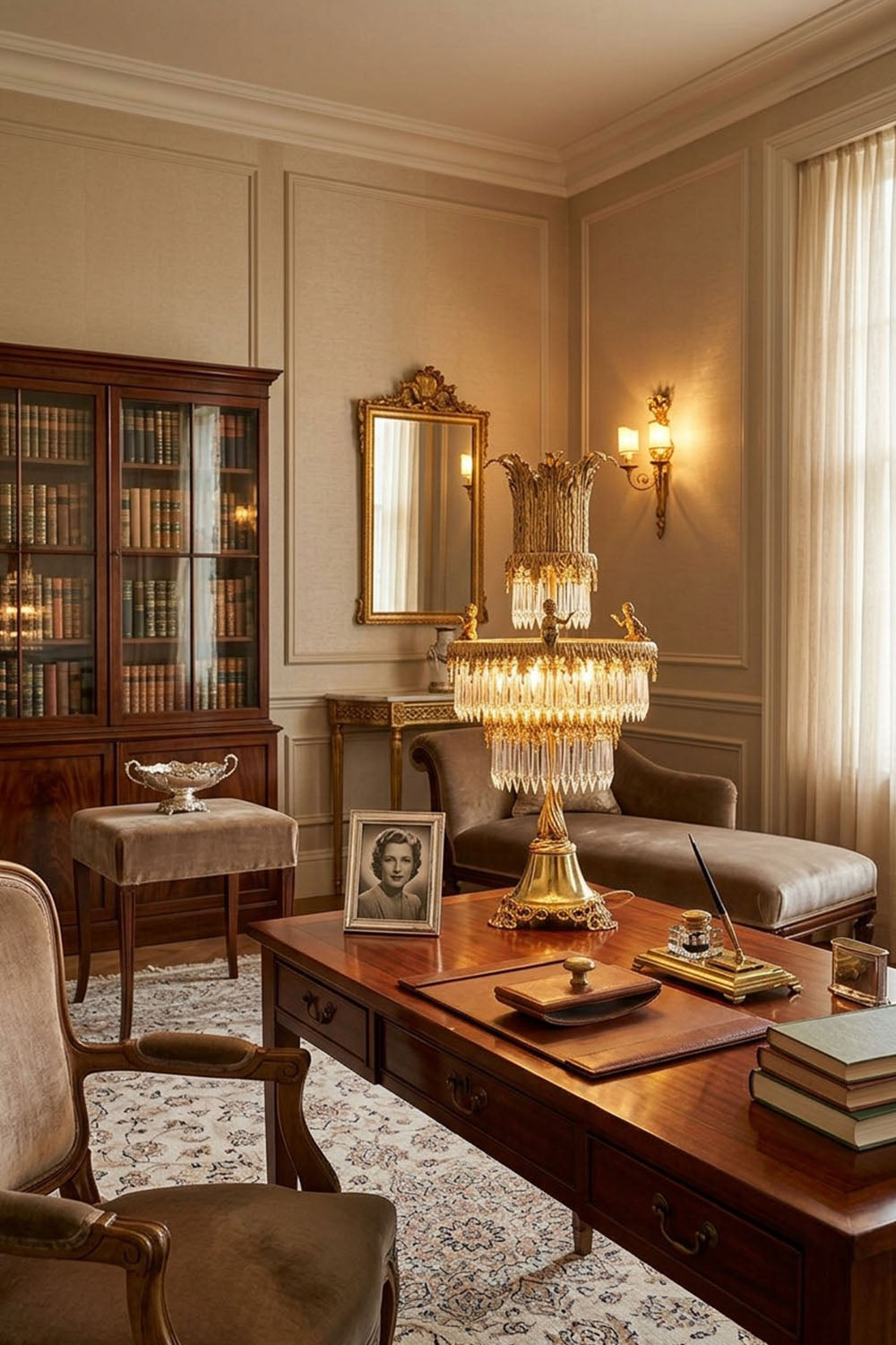 Mervaise Brass Cherub Crystal Tier Table Lamp | Brass and Crystal | Styled in a home office library on a wooden desk near bookshelves | Samu Lamp