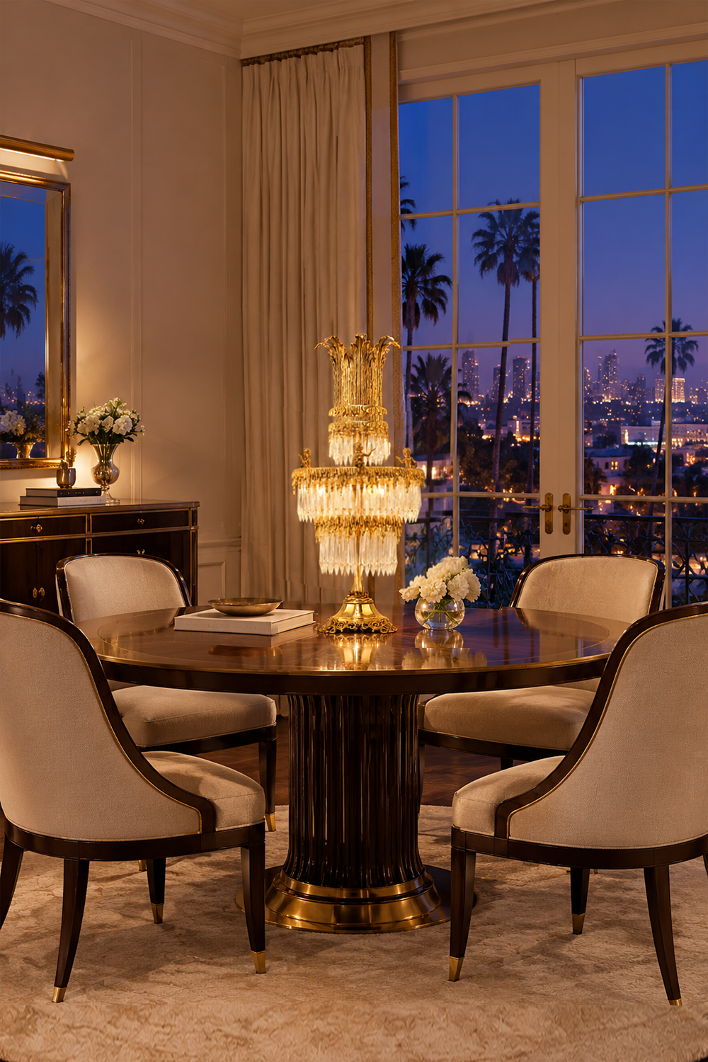 Mervaise Brass Cherub Crystal Tier Table Lamp | Brass and Crystal | Displayed on a round dining table near window with palm trees view | Samu Lamp