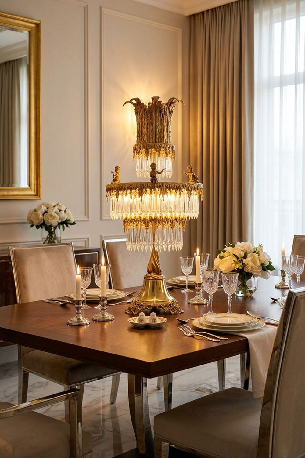 Mervaise Brass Cherub Crystal Tier Table Lamp | Brass and Crystal | Illuminating a dining room side console table set for dinner | Samu Lamp