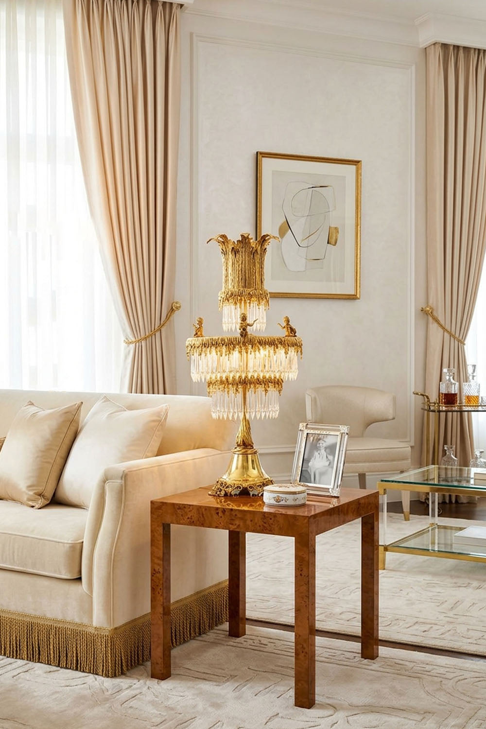 Mervaise Brass Cherub Crystal Tier Table Lamp | Brass and Crystal | Placed on a wooden side table next to a sofa in a bright living room | Samu Lamp
