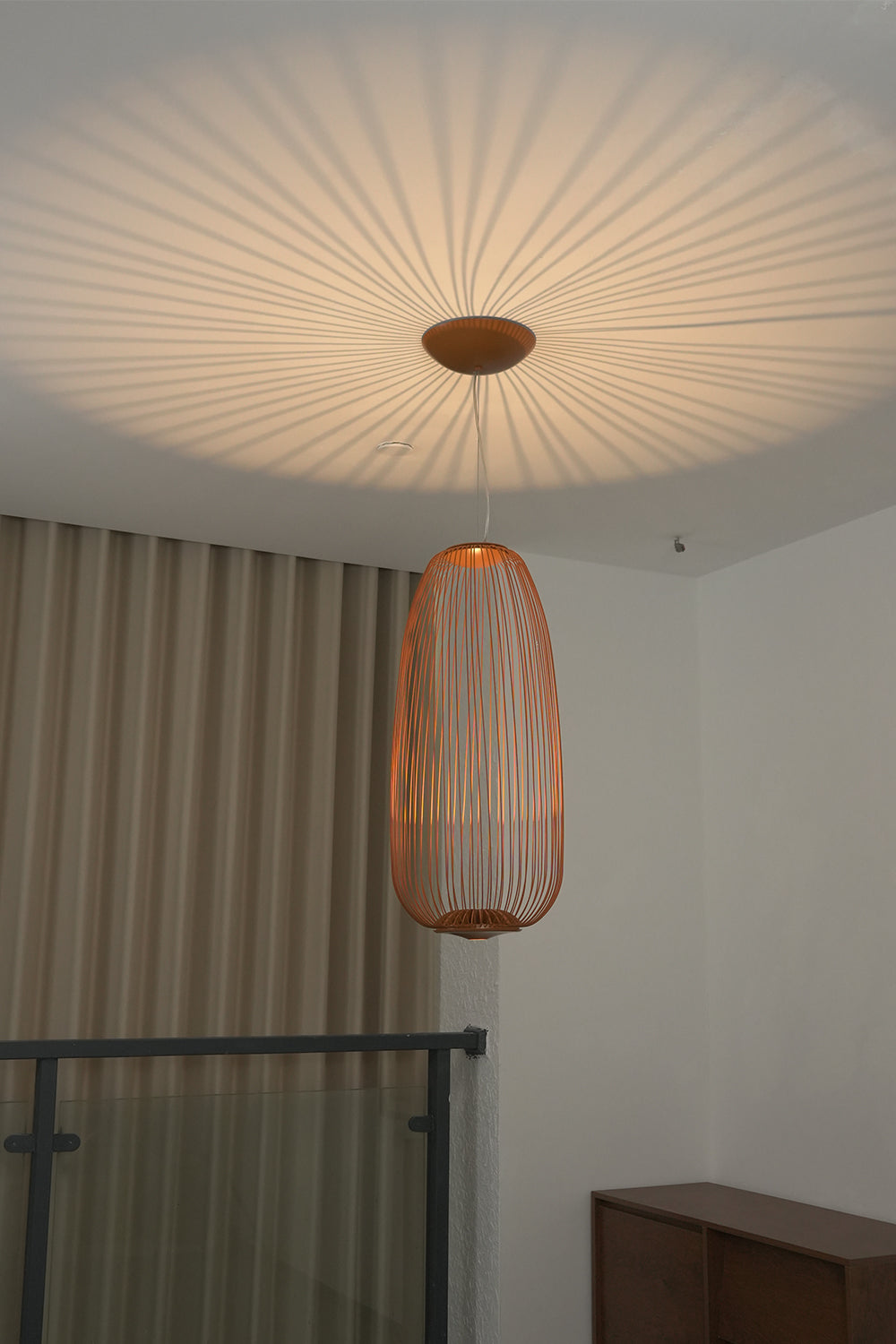 Lit copper wire cage lamp casting radial shadows | Aluminum | Detailed ceiling view showing light patterns | Samu Lamp
