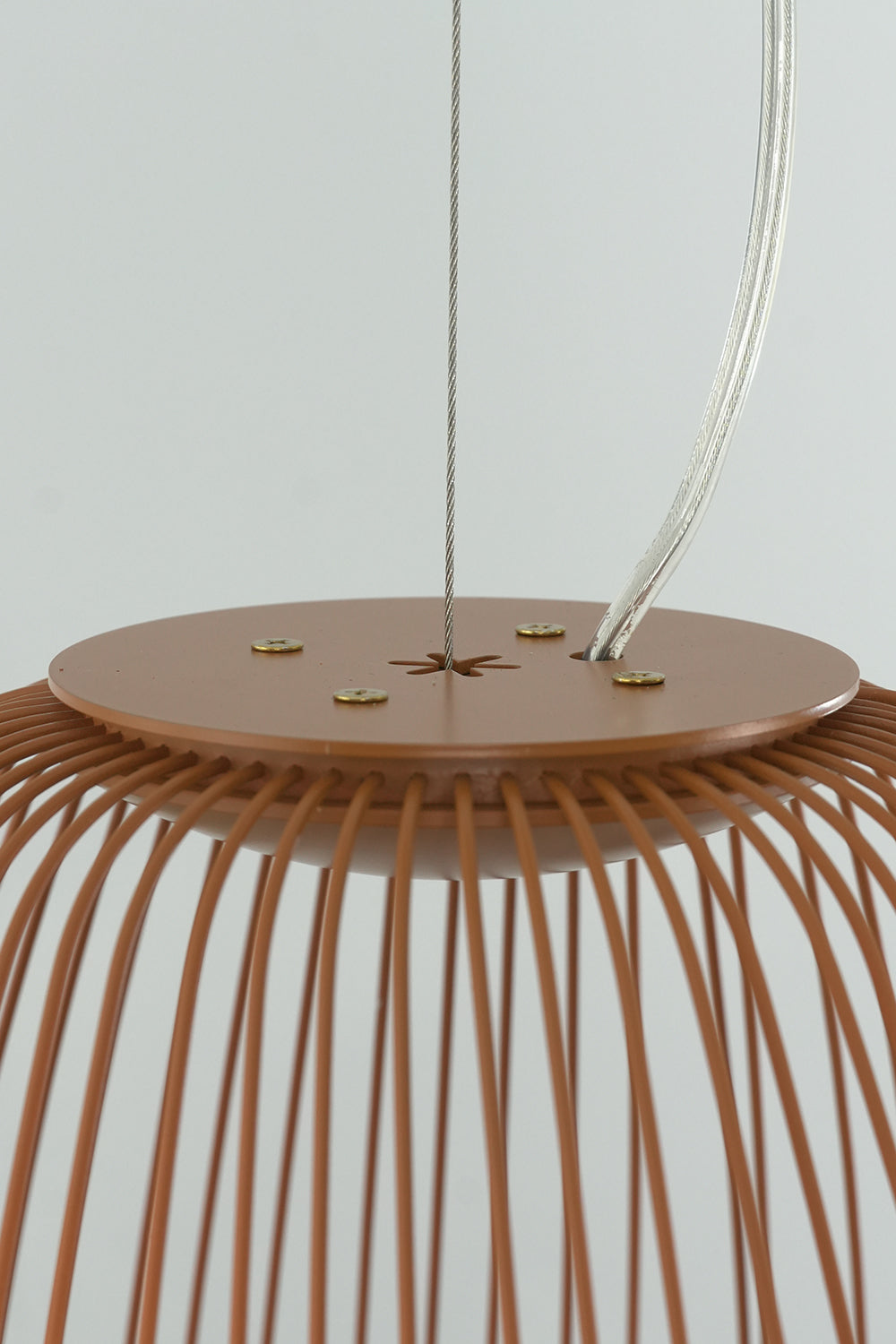 Top mounting plate of wire cage pendant light | Aluminum | Close-up showing the connection and hanging wire | Samu Lamp