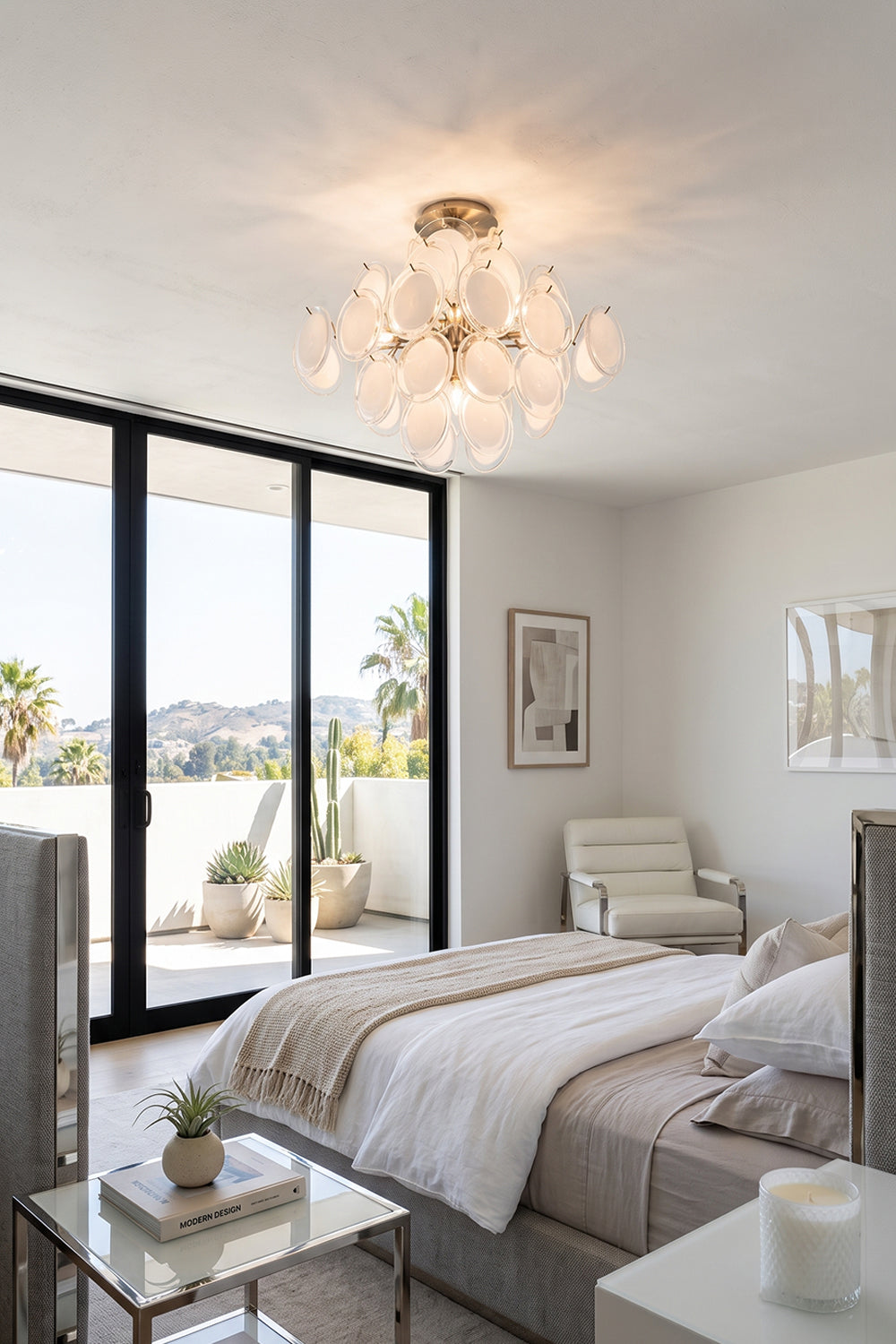 Mirella Circular Glass Pane Ceiling Light | Bedroom Ceiling Fixture | Mounted elegantly in a contemporary minimalist bedroom casting a soft warm ambient glow above a platform bed | Samu Lamp