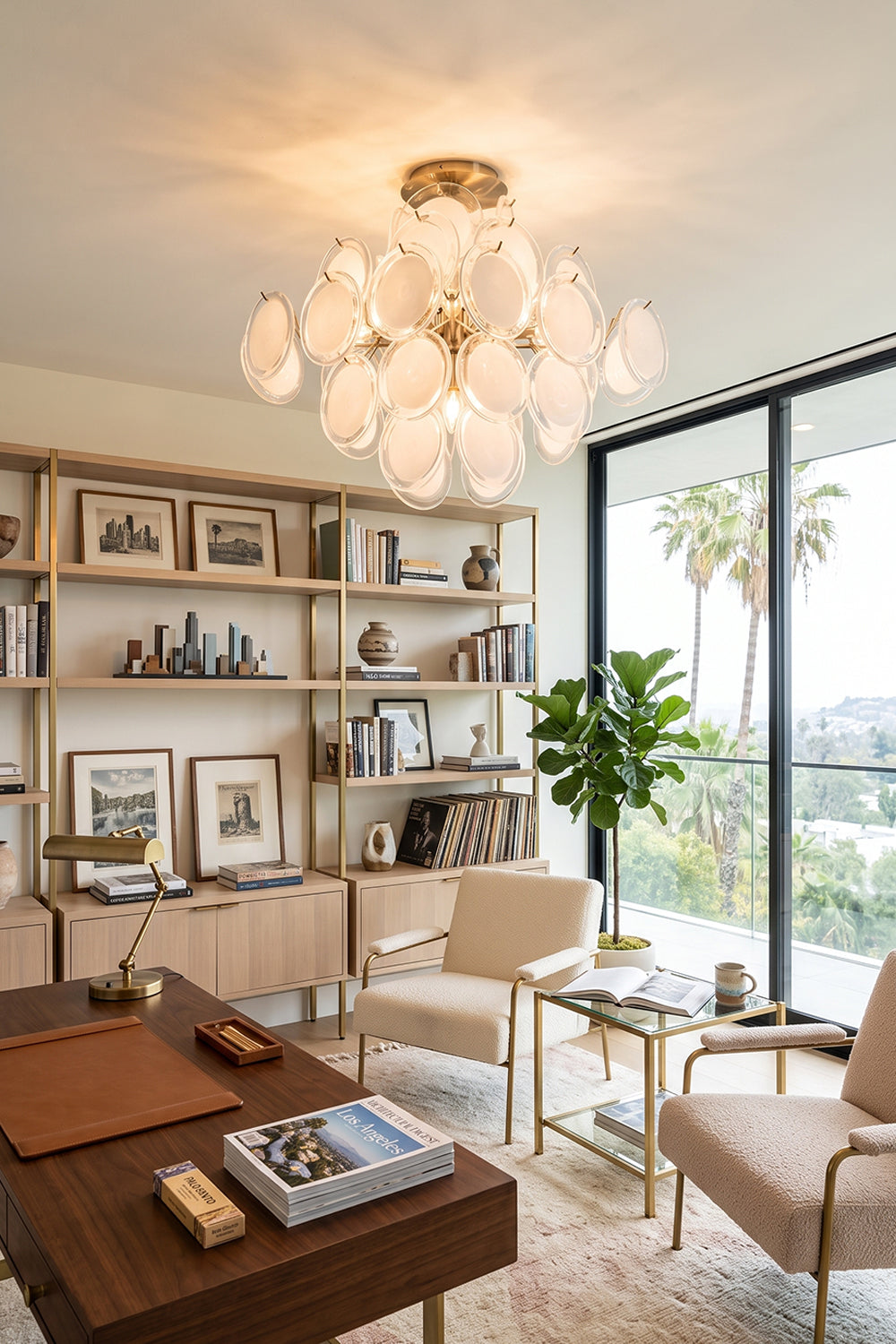 Mirella Circular Glass Pane Ceiling Light | Home Office Light | Providing sophisticated ceiling illumination in a modern study room featuring a wooden executive desk and large glass windows | Samu Lamp