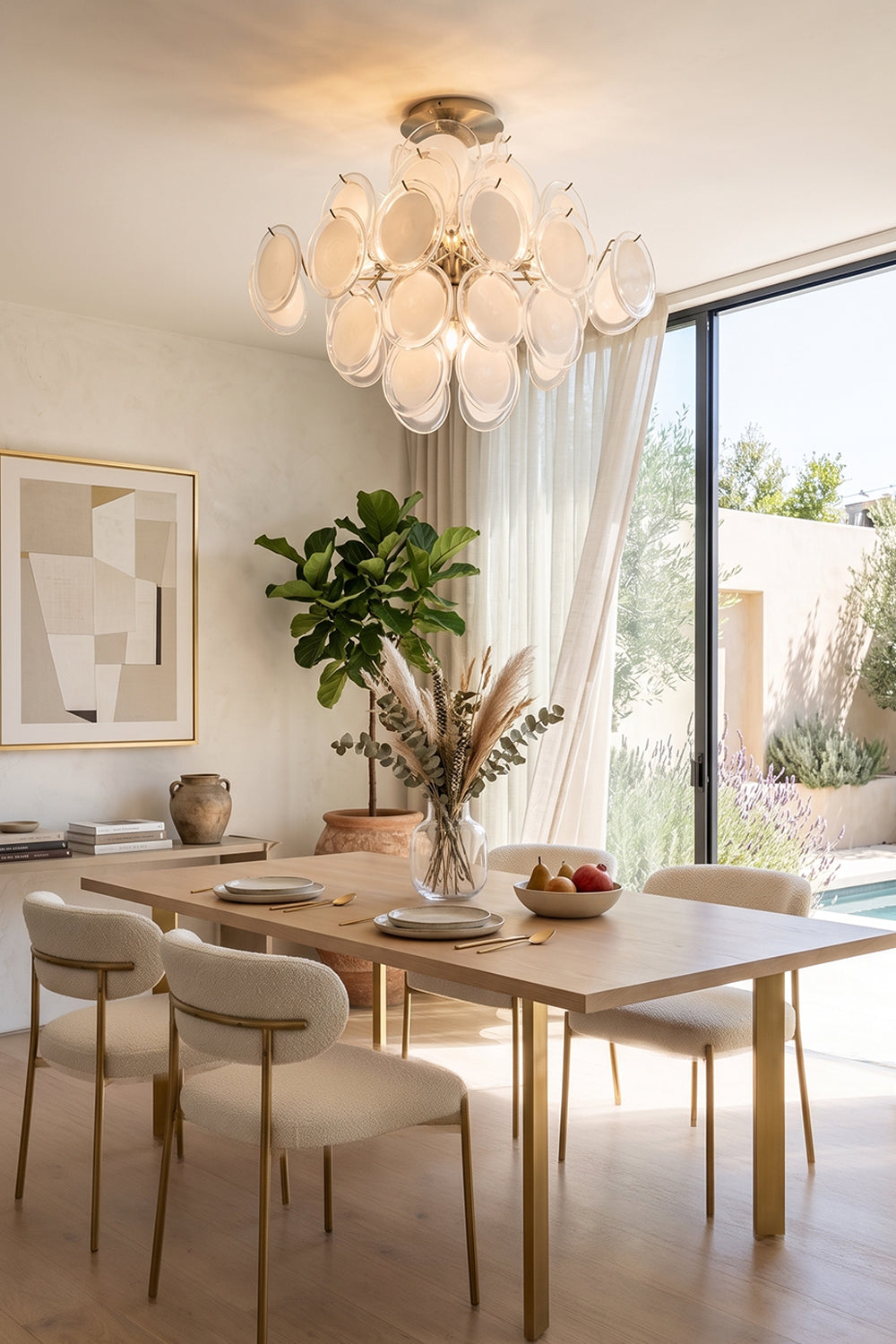 Mirella Circular Glass Pane Ceiling Light | Dining Room Decor | Positioned gracefully as a main ceiling light in a bright classical dining space over a long wooden table and chairs | Samu Lamp