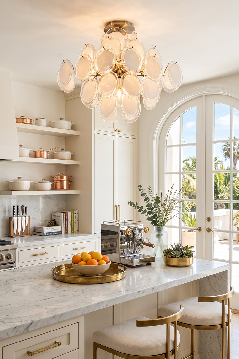 Mirella Circular Glass Pane Ceiling Light | Kitchen Lighting | Hanging as an elegant overhead light fixture casting a warm glow over a white marble island counter in a bright luxury kitchen | Samu Lamp