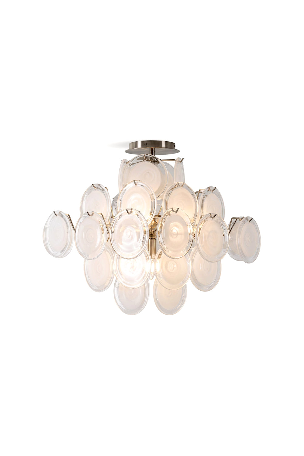 Mirella Circular Glass Pane Ceiling Light | Glass, Metal | Isolated lit product view of a modern semi-flush mount ceiling lamp featuring an intricate cluster of overlapping round white frosted glass pane discs on a silver frame | White background | Samu Lamp