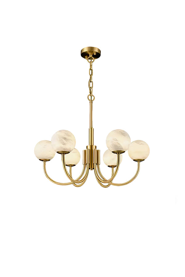 Modern brass chandelier with 6 alabaster globes | Alabaster, Brass | Front view isolated on white background | Samu Lamp