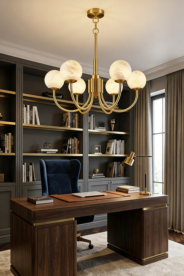 Brass chandelier with alabaster globes | Alabaster, Brass | Installed in a home office above a mahogany desk | Samu Lamp