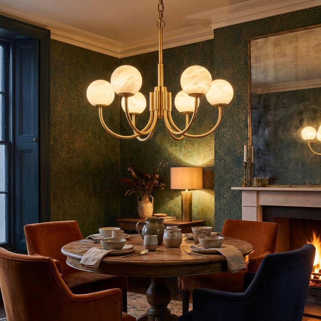 Lit 6-light brass globe chandelier | Alabaster, Brass | Dining room interior with dark green walls and wooden furniture | Samu Lamp