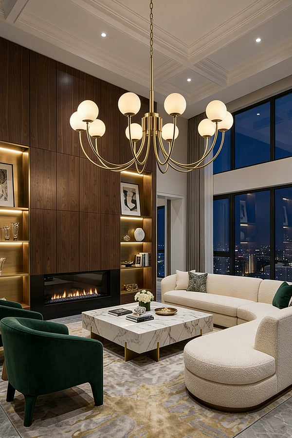 Contemporary brass globe chandelier | Alabaster, Brass | Large living room interior with white sectional sofa and fireplace | Samu Lamp