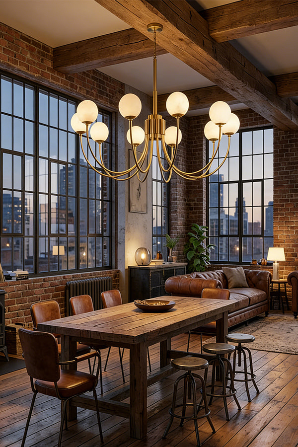 6-globe brass chandelier for dining room | Alabaster, Brass | Installed in a loft-style dining area with brick walls | Samu Lamp