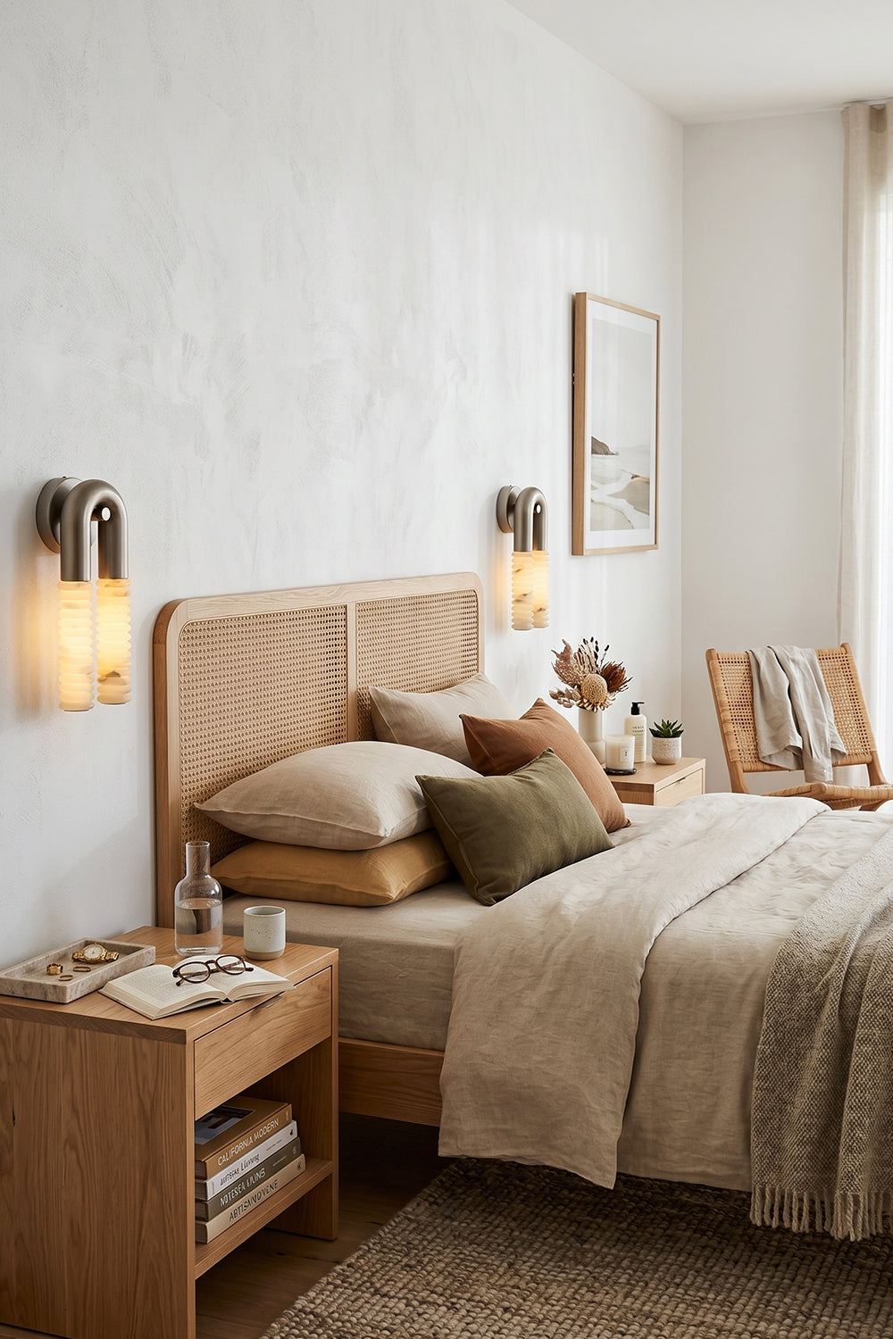 Monolith Arc Alabaster Wall Lamp | Alabaster, Metal | Symmetrically placed as bedside lamps in a serene, neutral-toned bedroom | Samu Lamp