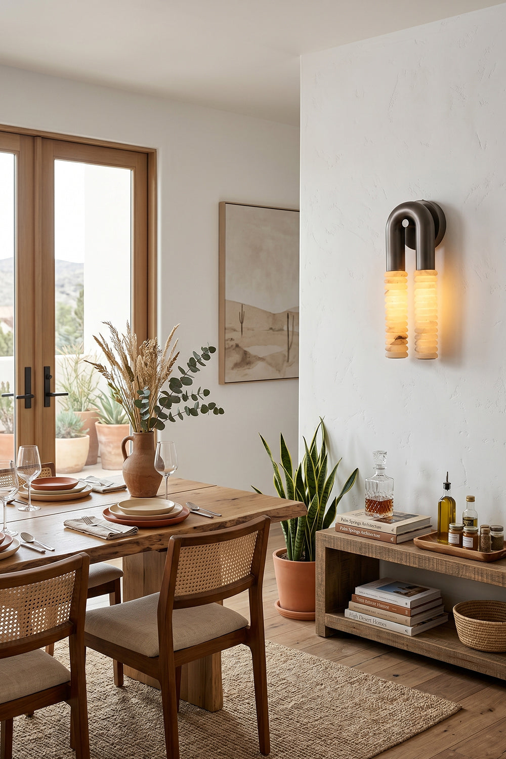 Monolith Arc Alabaster Wall Lamp | Alabaster, Metal | Providing warm accent lighting in a Mediterranean-style dining room with a wooden table | Samu Lamp