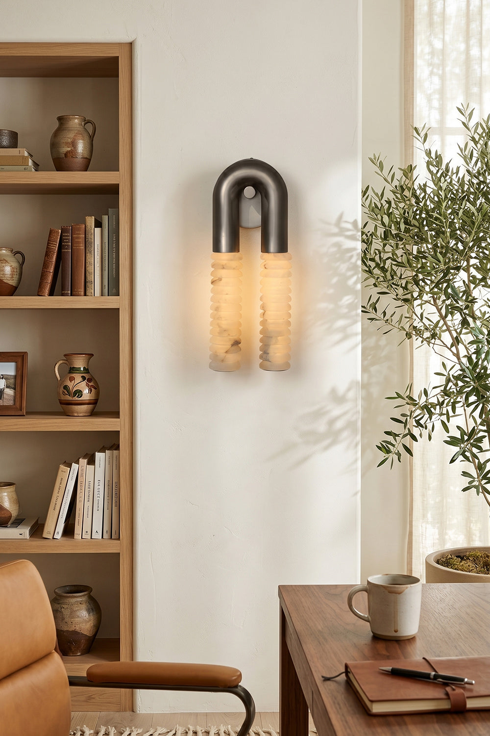 Monolith Arc Alabaster Wall Lamp | Alabaster, Metal | Wall-mounted in a modern home office next to a wooden bookshelf and desk | Samu Lamp