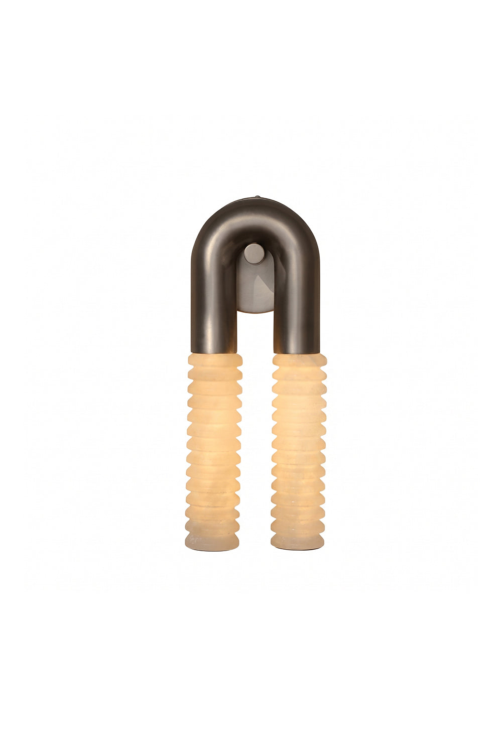 Monolith Arc Alabaster Wall Lamp | Alabaster, Metal | U-shaped brushed metal frame with dual ribbed glowing alabaster cylinders | Isolated lit product shot on white background | Samu Lamp