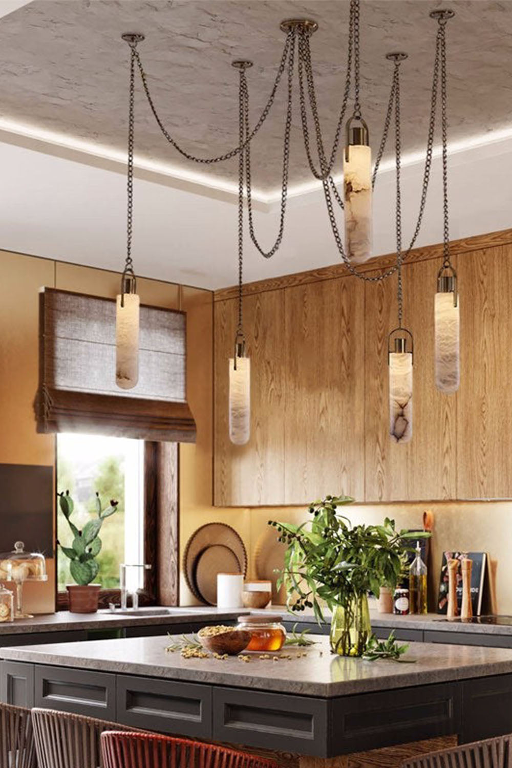 Multi-head Alabaster Cylindrical Chandelier