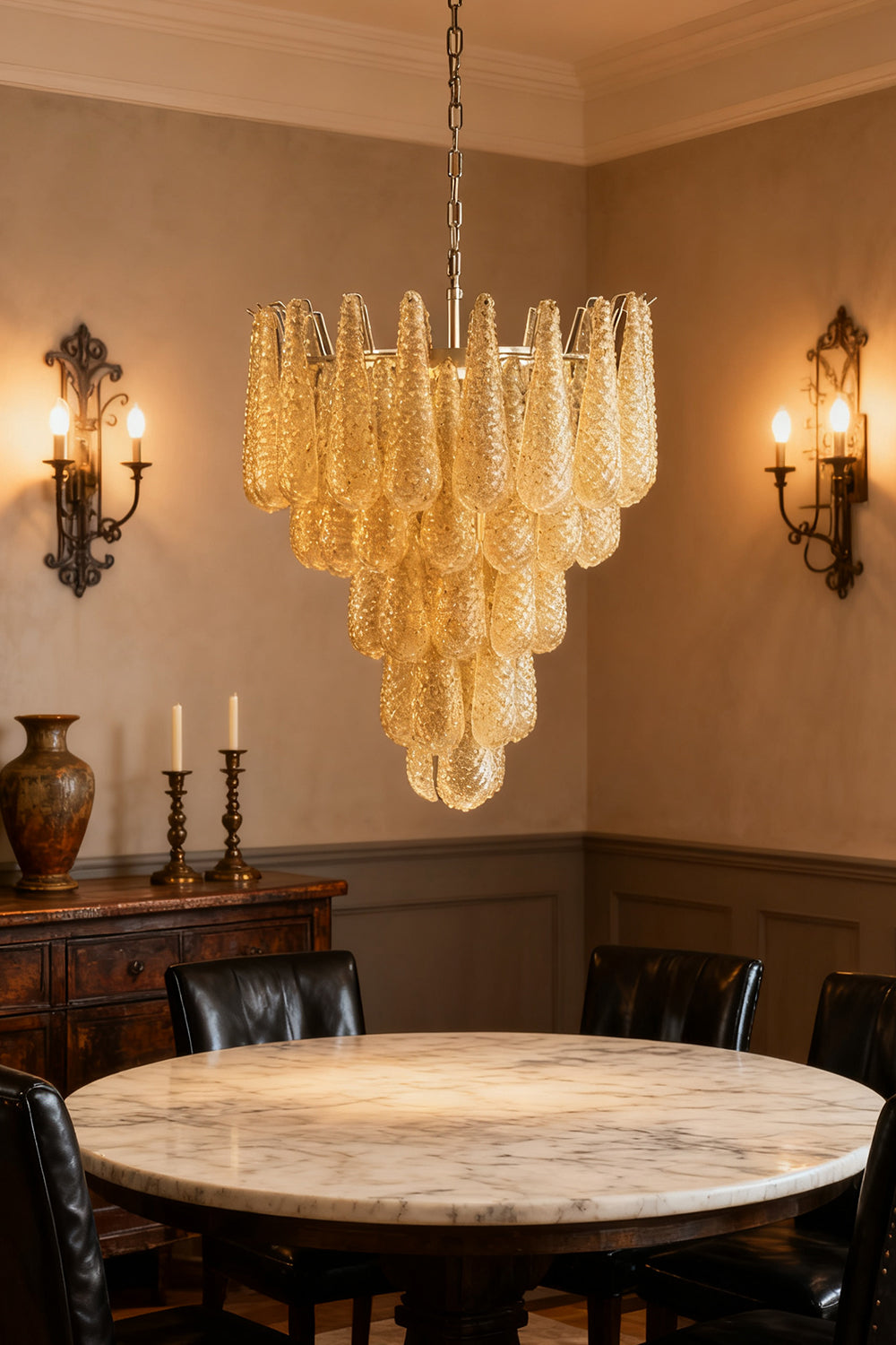 Murano Amber Teardrop Shaped Glass Chandelier