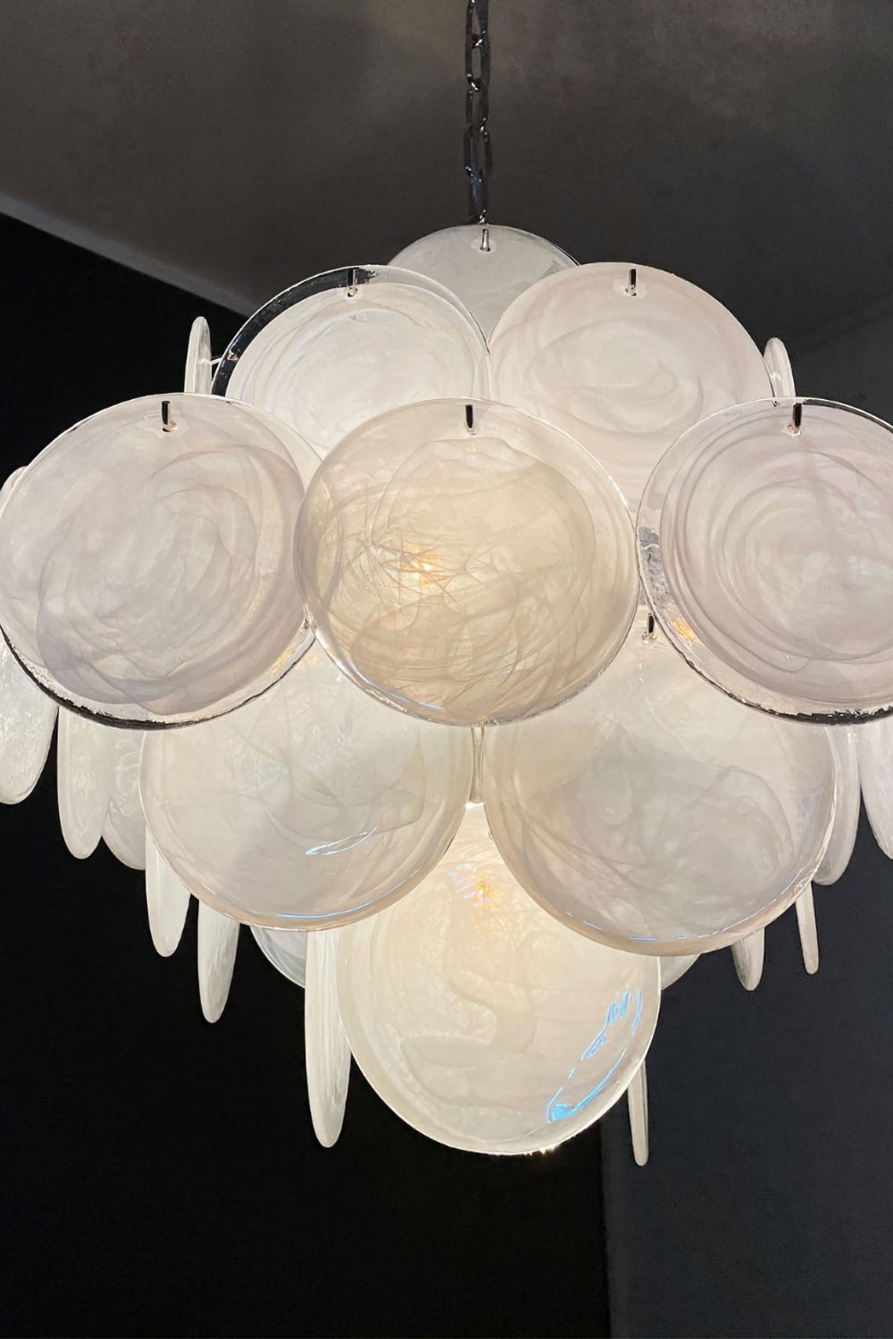 Vintage Murano White Glass Disks Chandelier