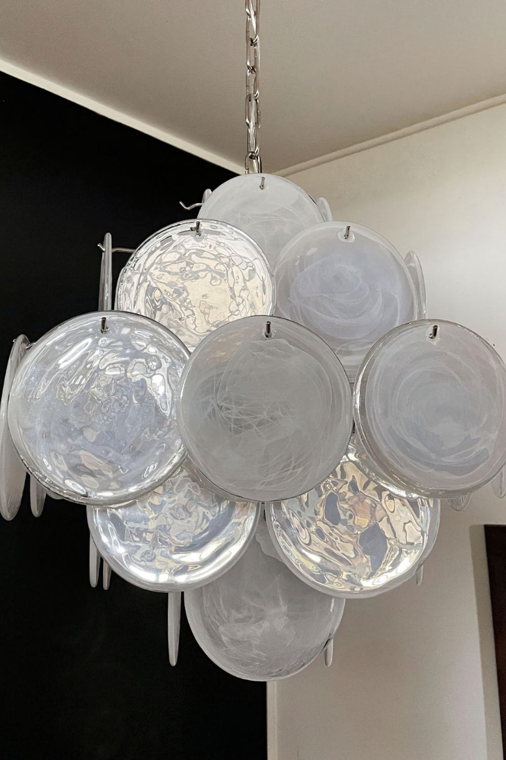 Vintage Murano White Glass Disks Chandelier