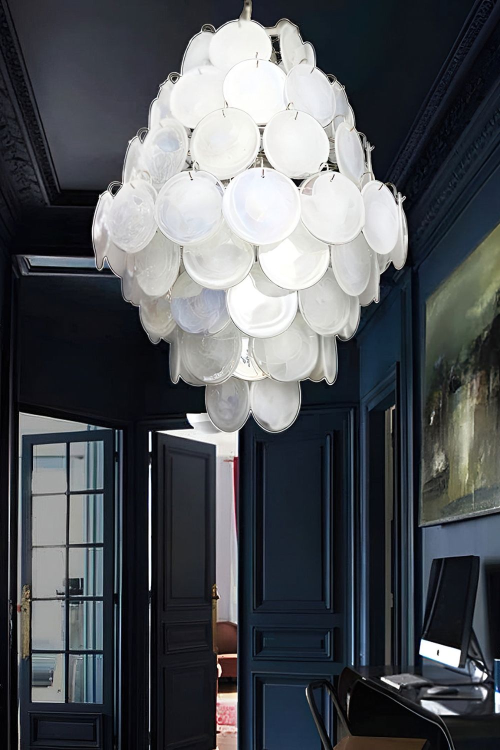 Wonderful Vintage Murano White Discs Chandelier