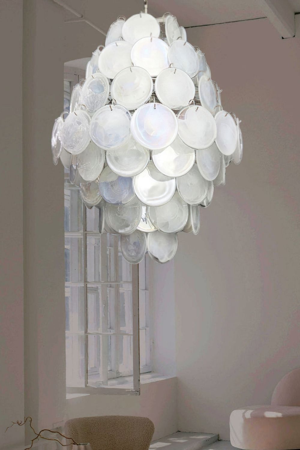 Wonderful Vintage Murano White Discs Chandelier