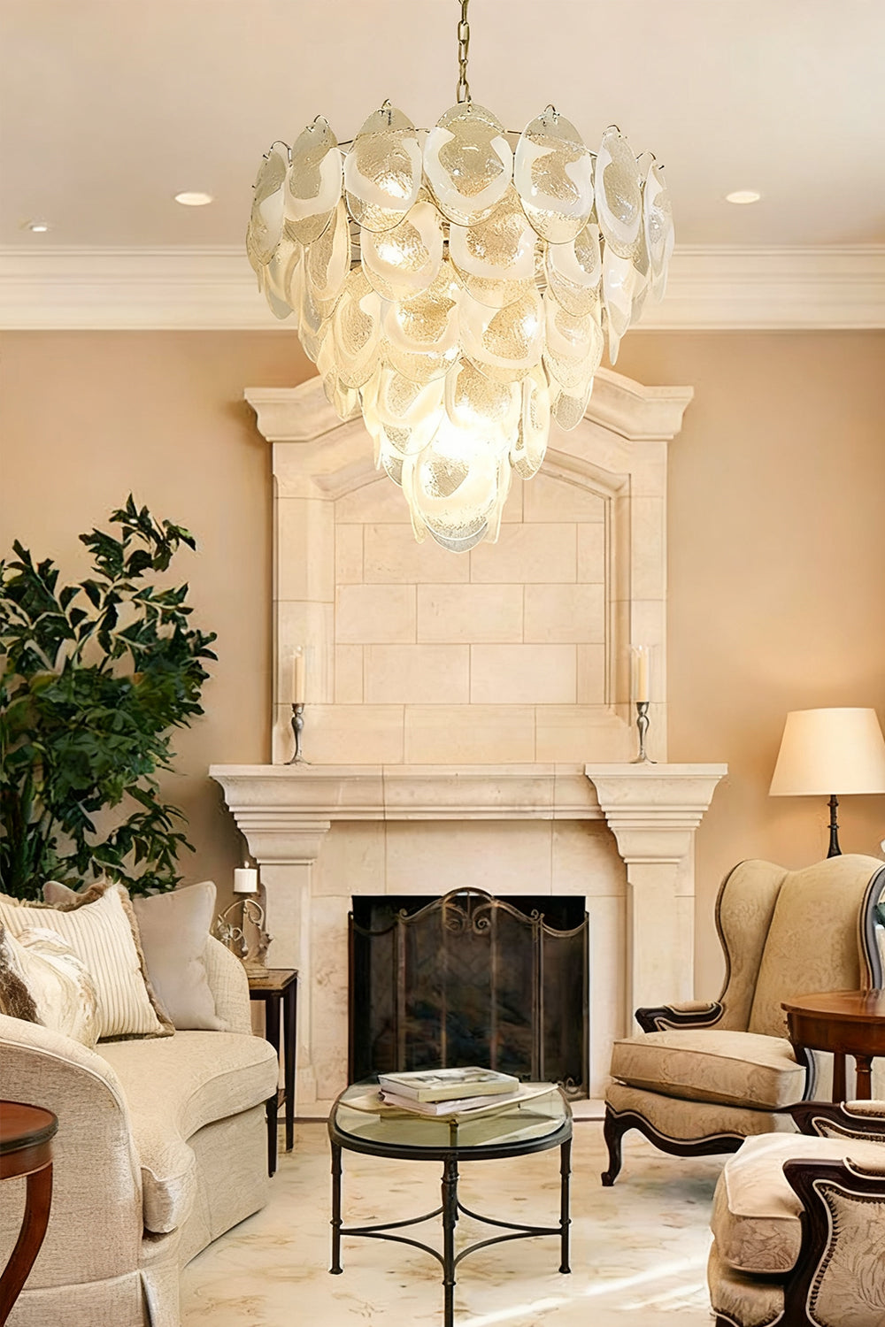 Murano White and Clear Oval Glass Chandelier