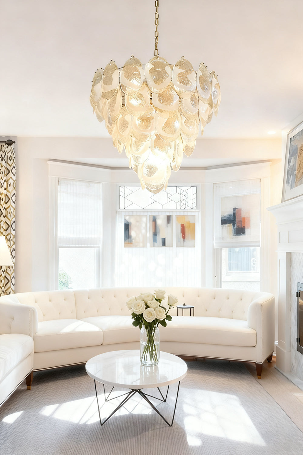 Murano White and Clear Oval Glass Chandelier