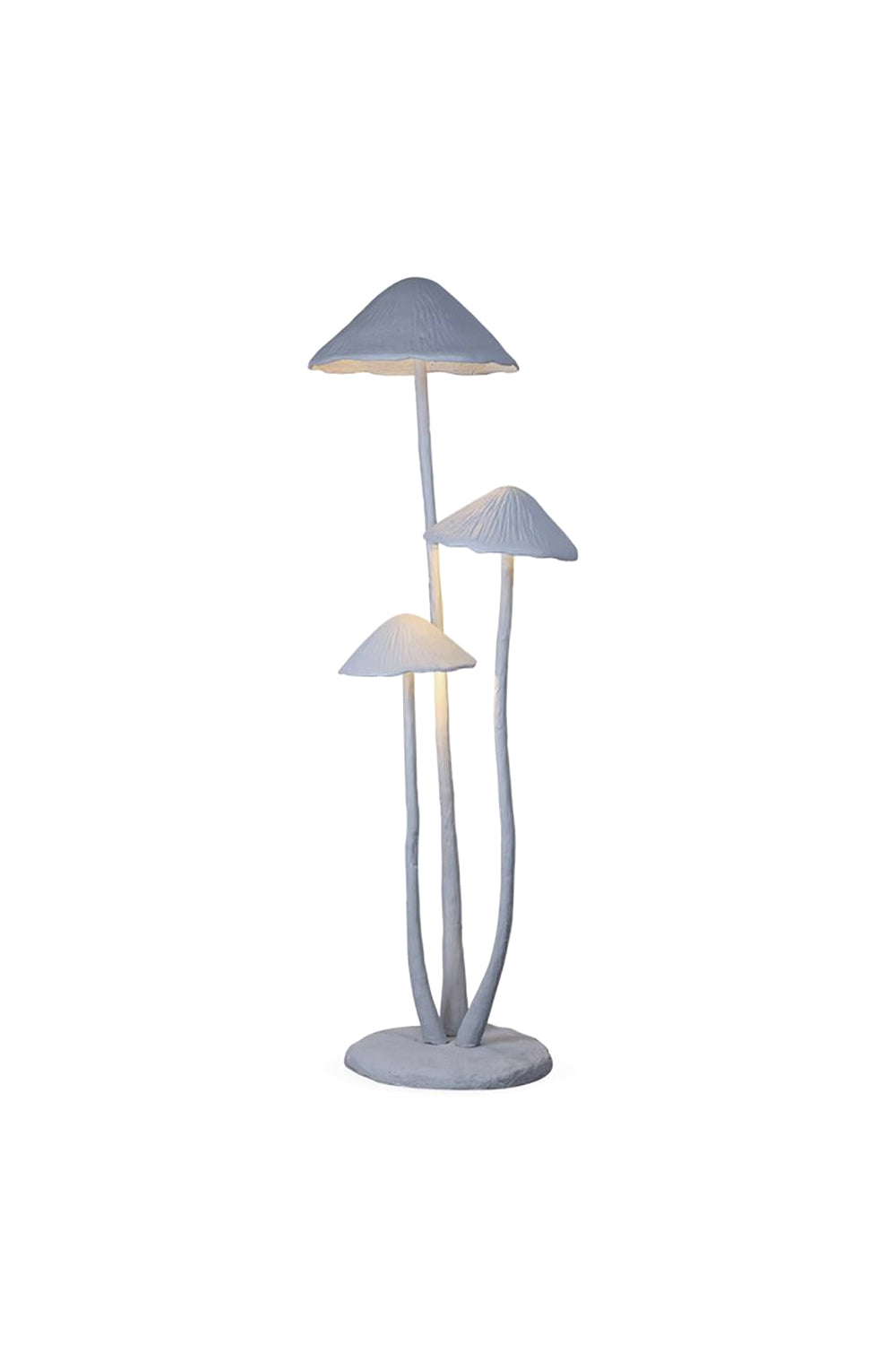 Mycena Cluster Resin Mushroom Floor Lamp | Resin, Metal | Organic tree-stalk cluster of three tiered mushroom lamps with texturized white plaster resin caps and bases | Isolated lit product shot on white background | Samu Lamp