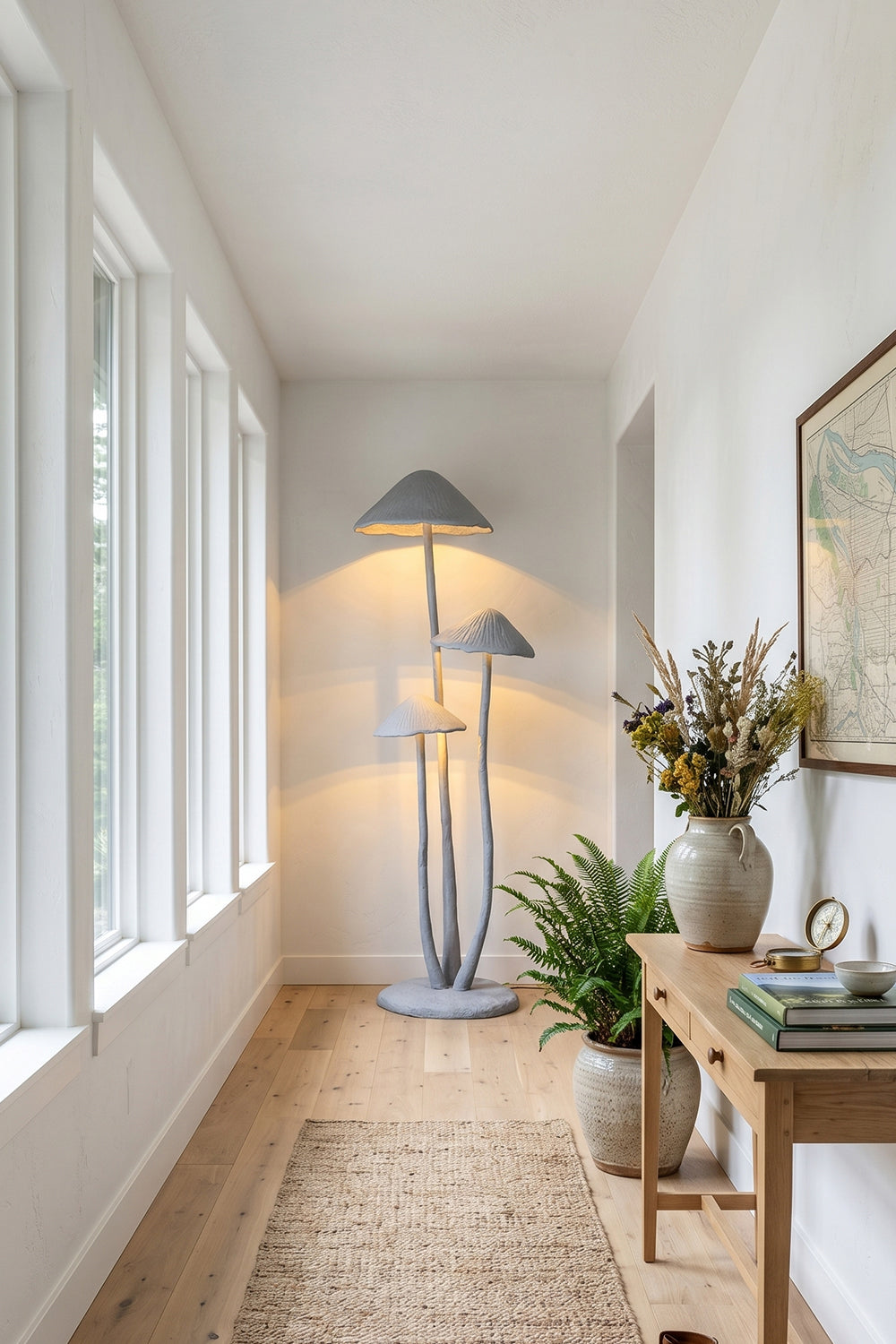 Mycena Cluster Resin Mushroom Floor Lamp | Resin, Metal | Placing a whimsical touch at the end of a long, bright minimalist hallway corridor with side windows | Samu Lamp