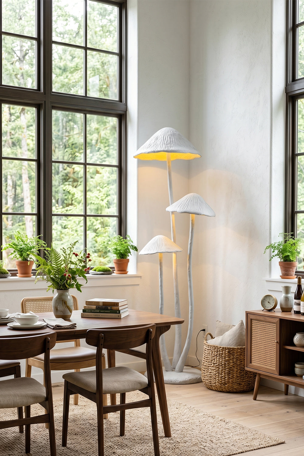 Mycena Cluster Resin Mushroom Floor Lamp | Resin, Metal | Positioned as statement corner lighting in a bright, contemporary dining room with a wooden dining table | Samu Lamp