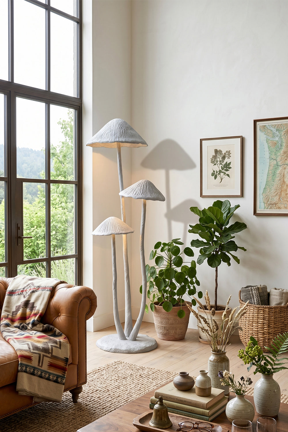 Mycena Cluster Resin Mushroom Floor Lamp | Resin, Metal | Standing in an earthy bohemian living room next to a patterned sofa and potted indoor plants | Samu Lamp