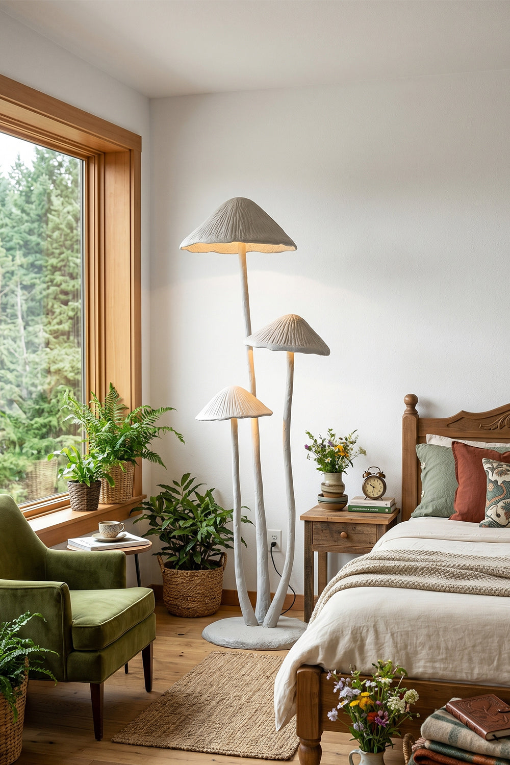 Mycena Cluster Resin Mushroom Floor Lamp | Resin, Metal | Standing in a cozy bedroom corner next to a rustic wooden bed with earth-toned bedding and an armchair | Samu Lamp