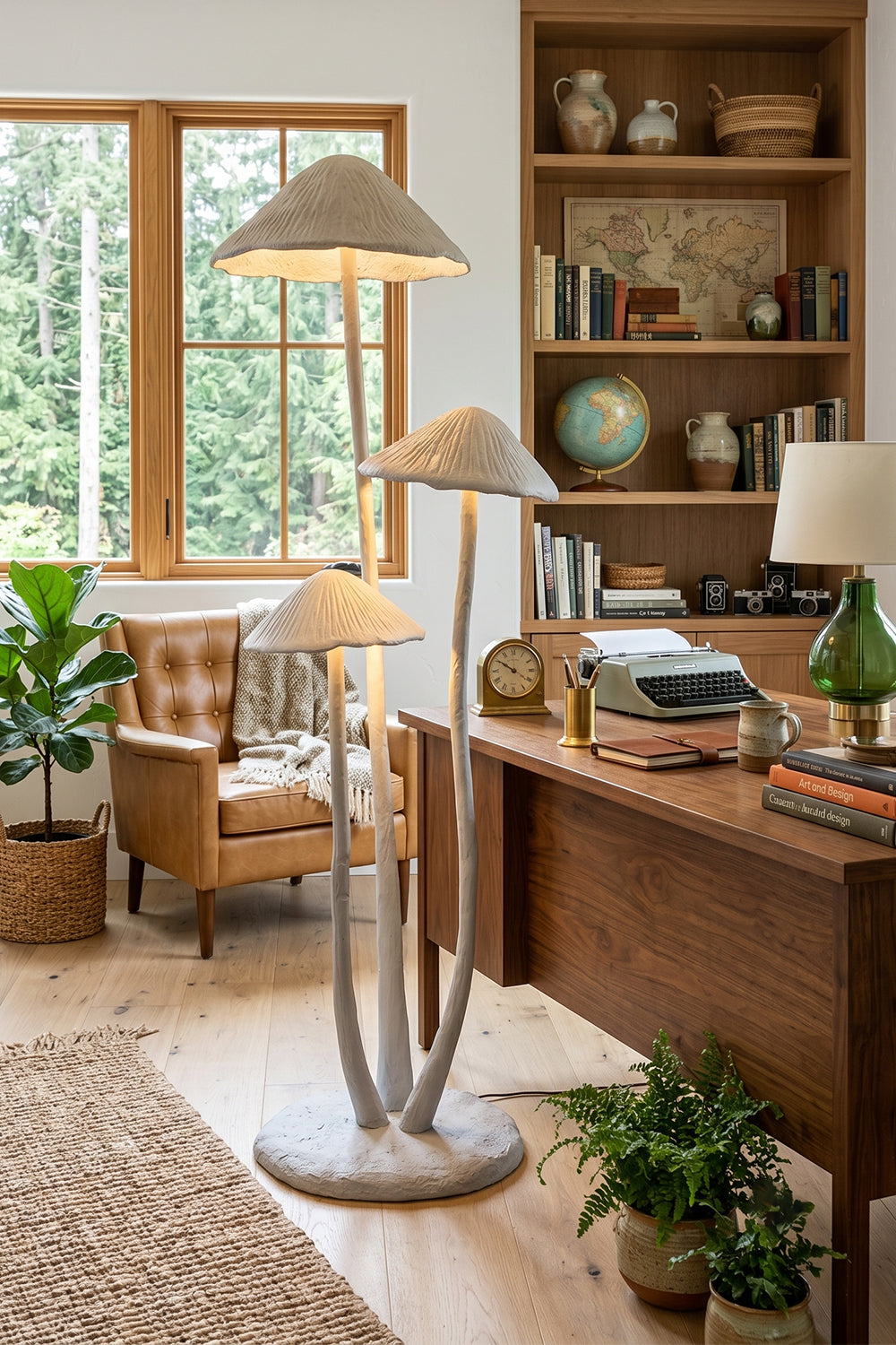 Mycena Cluster Resin Mushroom Floor Lamp | Resin, Metal | Providing a warm ambient glow in a traditional home office setup near a large window and wooden executive desk | Samu Lamp