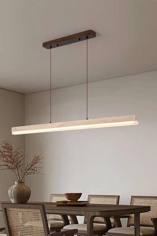 Travertine linear light providing warm downlight | Travertine, Wood, Acrylic | Perspective view in a modern dining setting | Samu Lamp