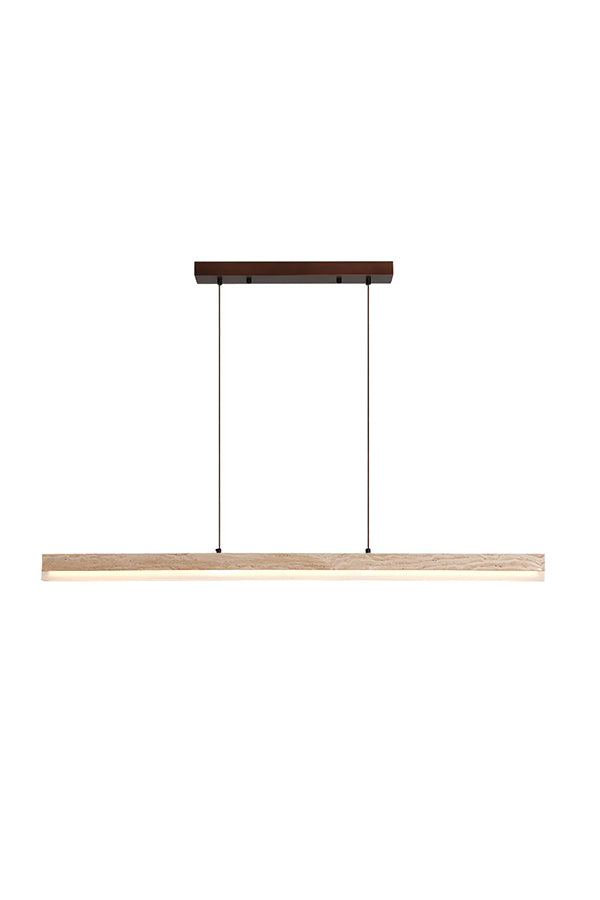 Lit natural travertine linear pendant lamp with wooden canopy | Travertine, Wood, Acrylic | Front view isolated on white background | Samu Lamp