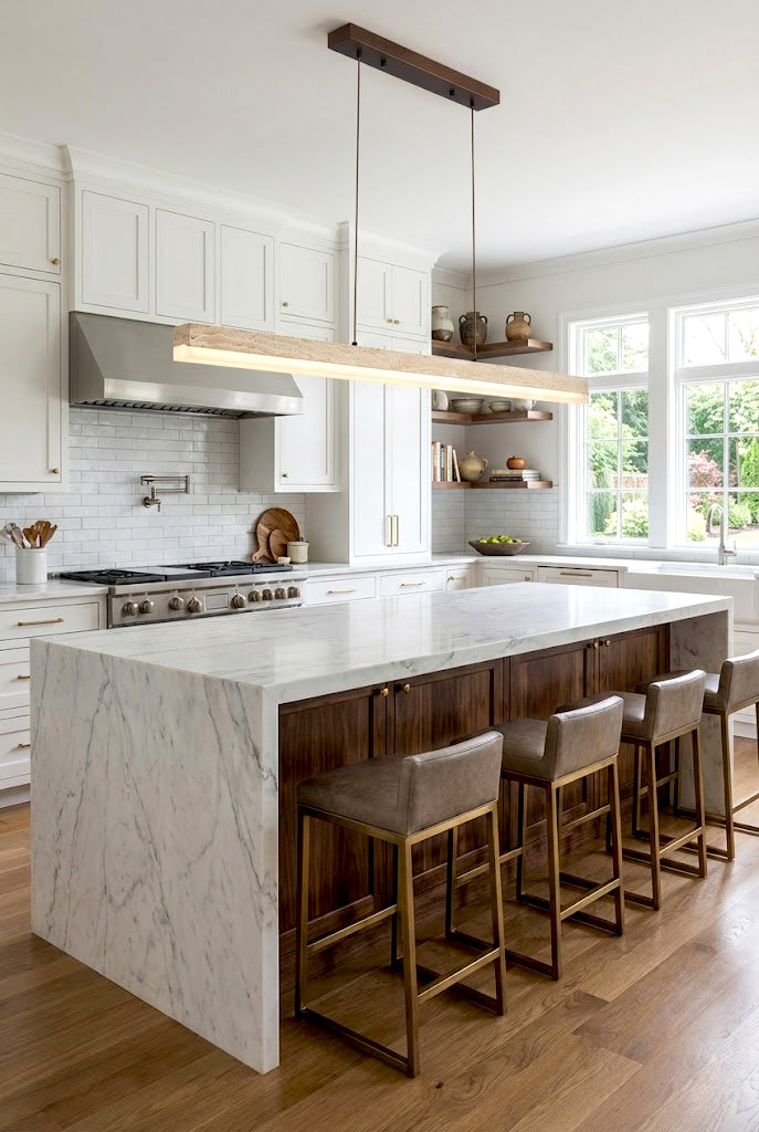 Modern travertine linear pendant over a marble island | Travertine, Wood, Acrylic | Kitchen interior with wooden bar stools | Samu Lamp