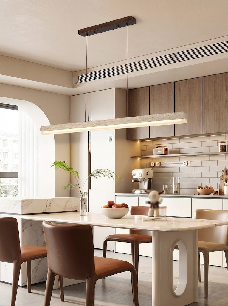 Travertine and wood linear pendant light | Travertine, Wood, Acrylic | Modern open-plan dining area with light wood furniture | Samu Lamp