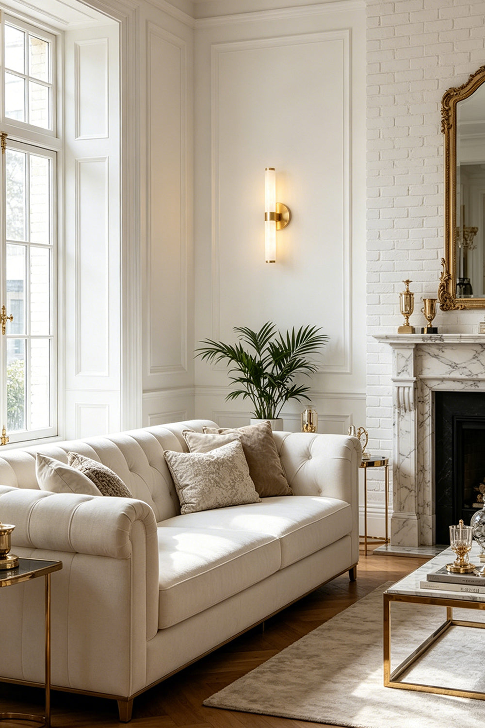 Nerida Linear Alabaster Wall Sconce | Alabaster, Brass | Mounted vertically on a white wall as a stylish architectural accent light in a bright luxury classical living room next to a cream sofa | Samu Lamp