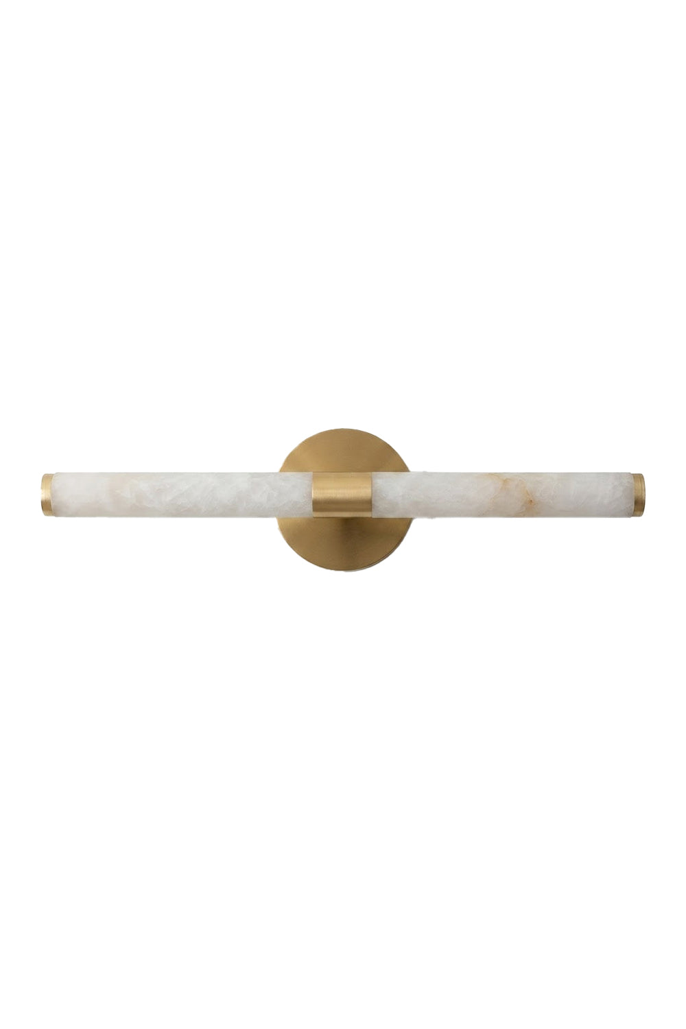 Nerida Linear Alabaster Wall Sconce | Alabaster, Brass | Isolated unlit view of a modern horizontal linear wall sconce featuring a cylindrical natural white alabaster stone bar held by a central circular brushed gold brass bracket | White background | Samu Lamp