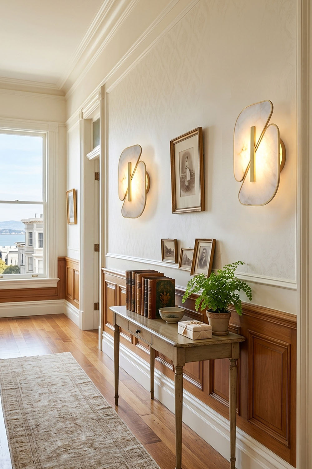 Nerine Overlapping Alabaster Wall Lamp illuminating hallway with decorative frames and plants.