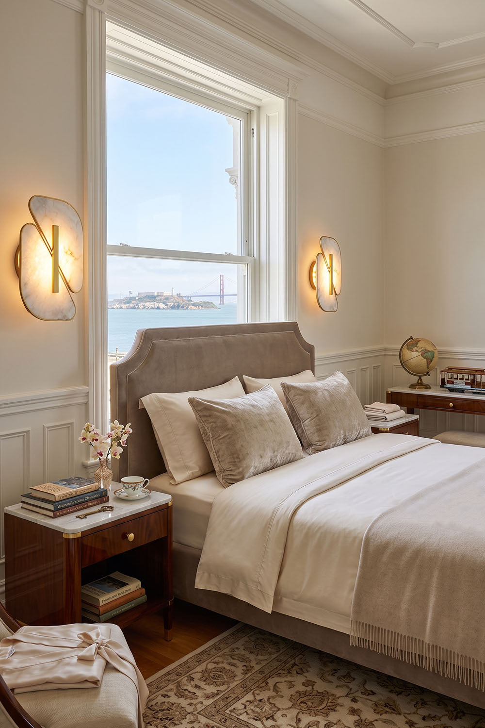 Nerine Overlapping Alabaster Wall Lamp illuminating a stylish bedroom with a scenic view.