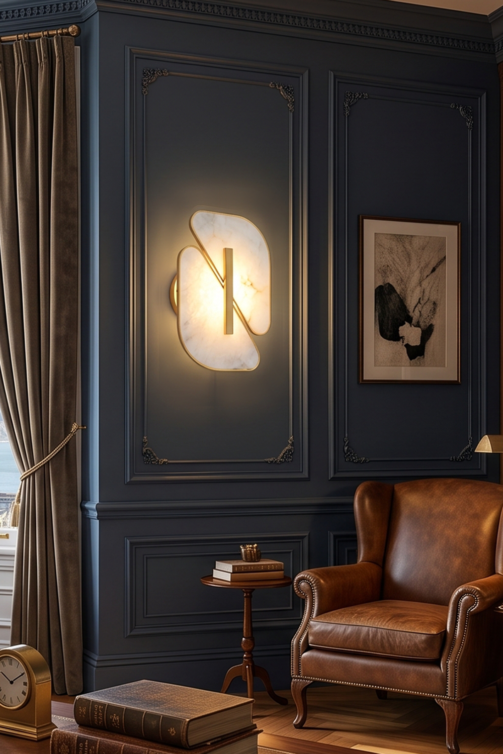 Nerine Overlapping Alabaster Wall Lamp illuminated on a stylish blue wall, enhancing interior decor with elegance.