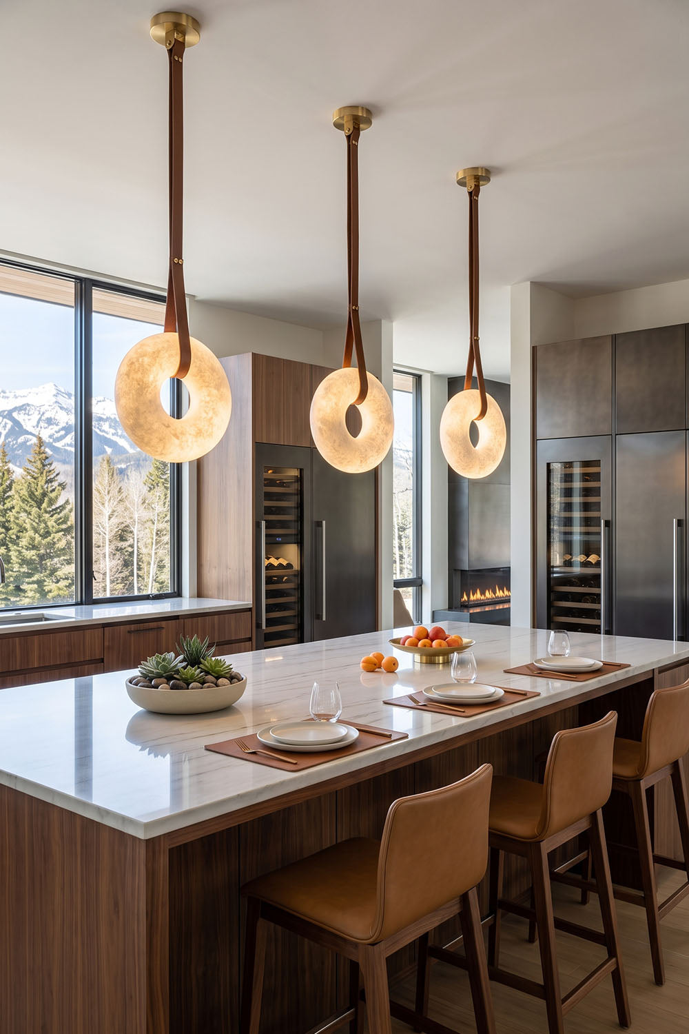 Nerissa Alabaster Ring Leather Pendant Light | Natural Alabaster, Leather and Brass | Trio of ring pendant lights suspended over a kitchen island counter | Samu Lamp