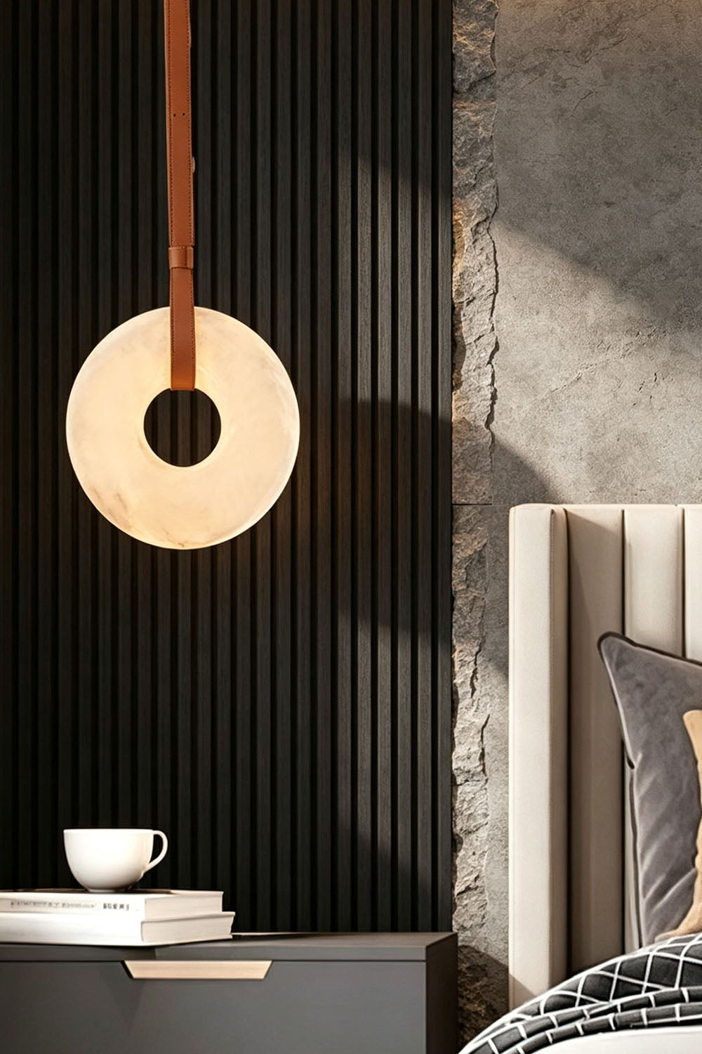 Nerissa Alabaster Ring Leather Pendant Light | Natural Alabaster, Leather and Brass | Hanging beside a bed against fluted dark wall paneling | Samu Lamp