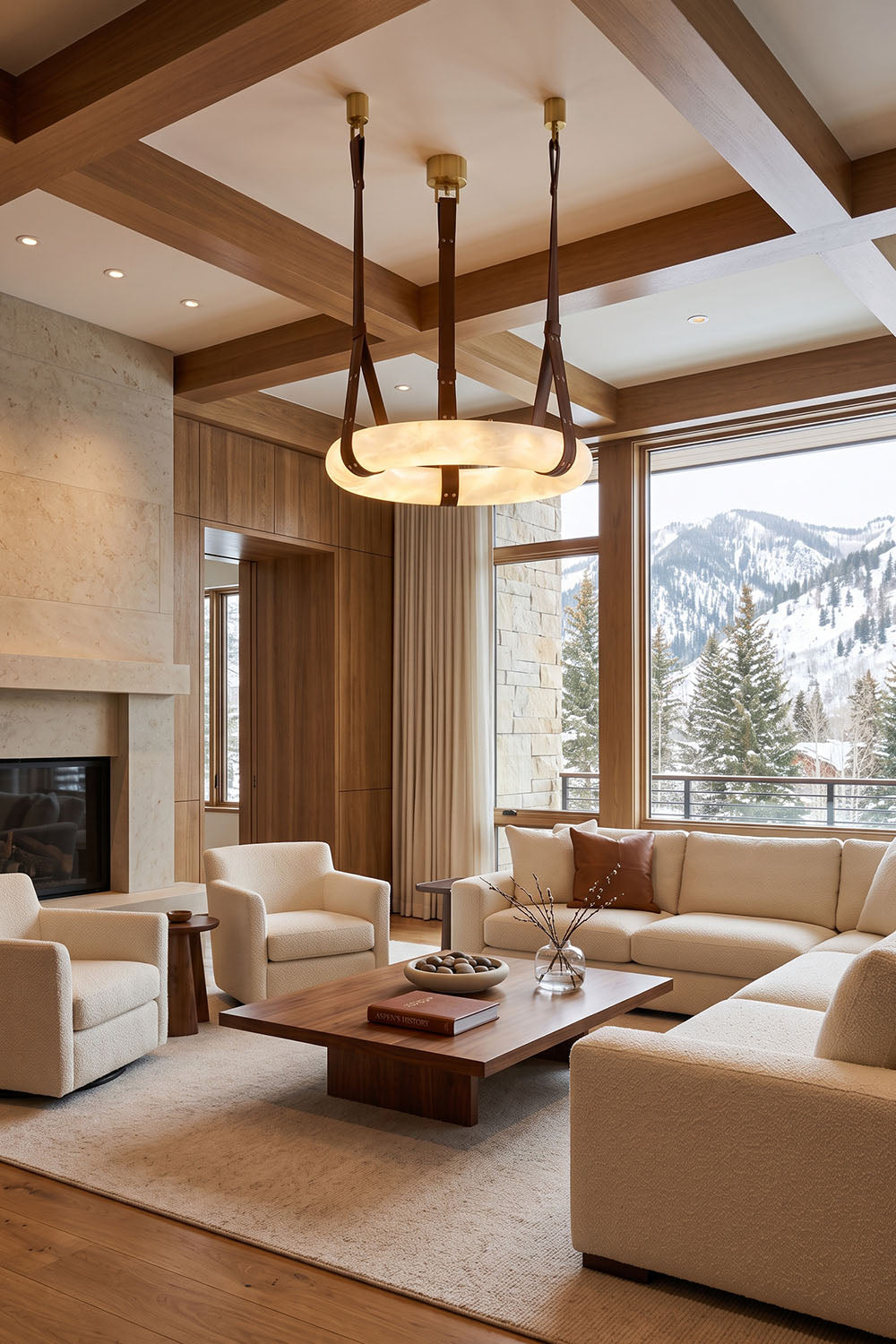 Nerissa Alabaster Ring Leather Pendant Light | Natural Alabaster, Leather and Brass | Centered in a spacious living room with coffered ceiling and fireplace | Samu Lamp