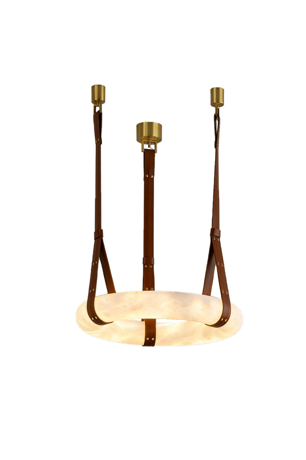 Nerissa Alabaster Ring Leather Pendant Light | Natural Alabaster, Leather and Brass | Front full view of 3-strap ring variant on a white background, illuminated | Samu Lamp