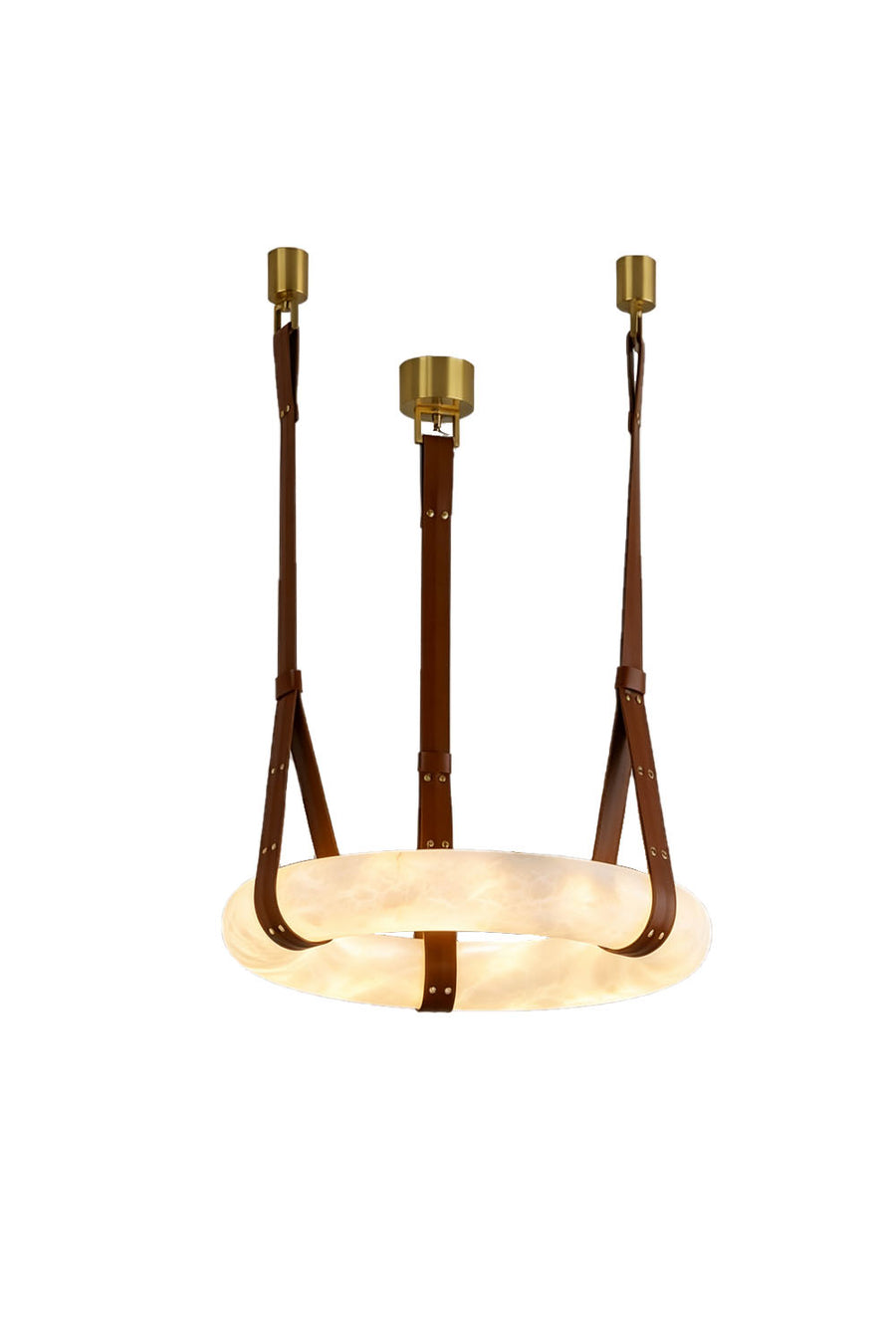 Nerissa Alabaster Ring Leather Pendant Light | Natural Alabaster, Leather and Brass | Front full view of 3-strap ring variant on a white background, illuminated | Samu Lamp