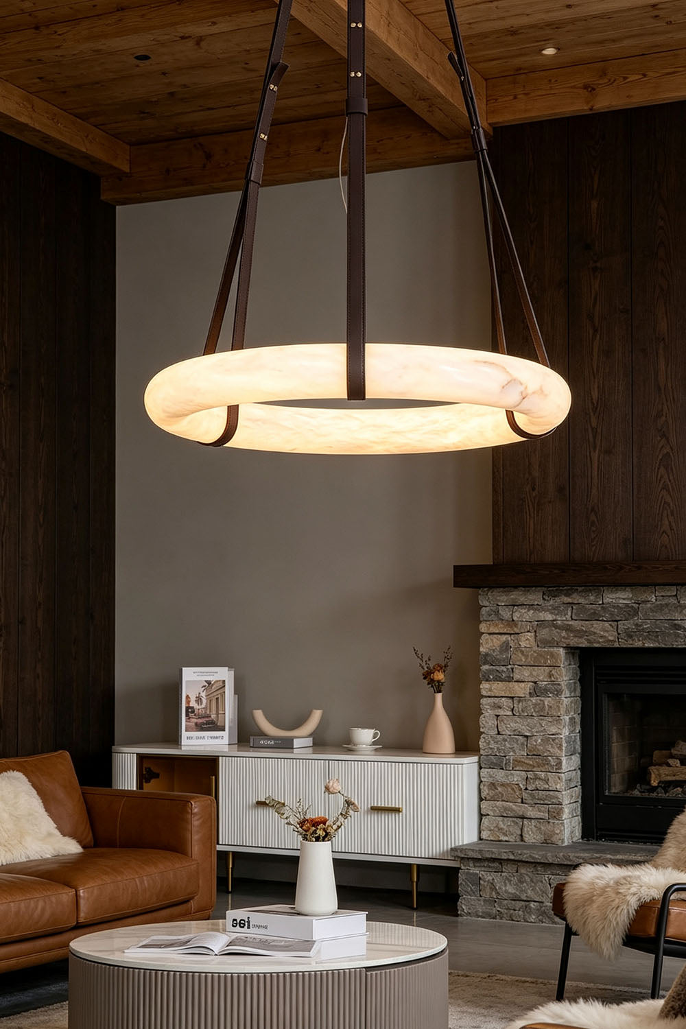 Nerissa Alabaster Ring Leather Pendant Light | Natural Alabaster, Leather and Brass | Large 3-strap ring variant in a rustic living room with dark ceiling | Samu Lamp