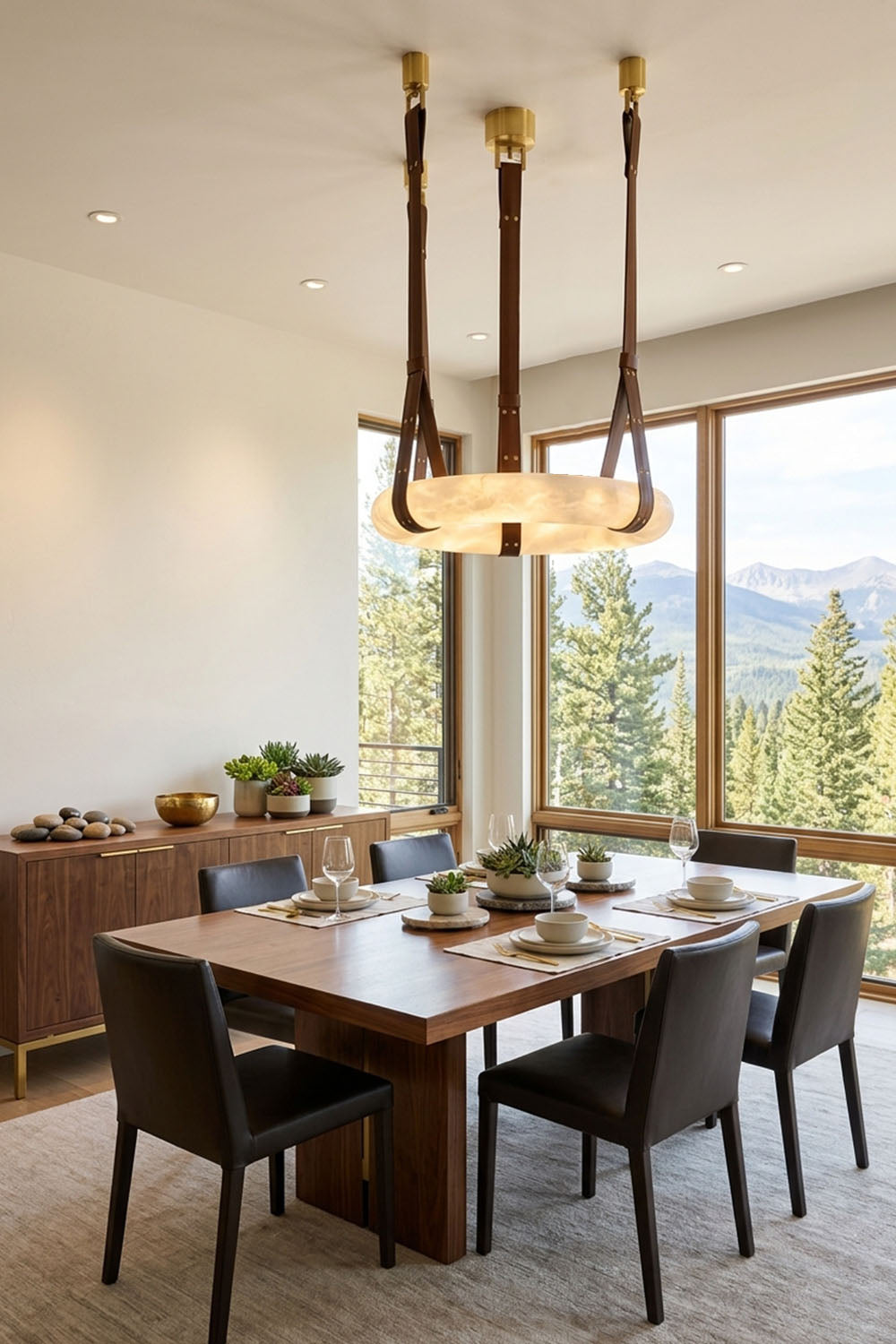 Nerissa Alabaster Ring Leather Pendant Light | Natural Alabaster, Leather and Brass | Displayed in a formal dining space with panoramic mountain views | Samu Lamp